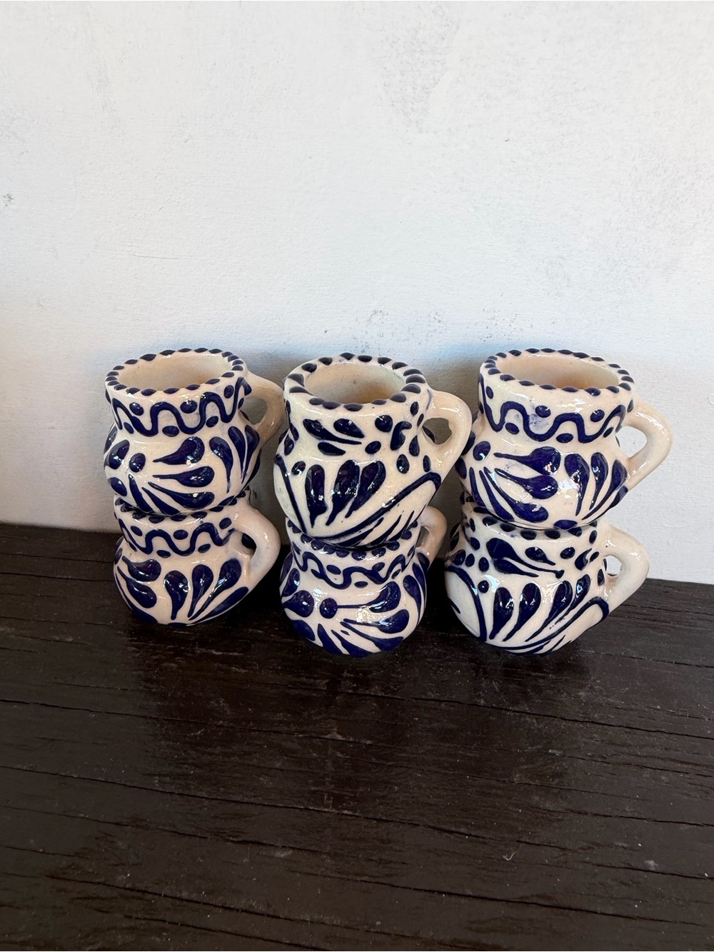 Handcrafted  Talavera Tequila Mini Mugs- White/Blue